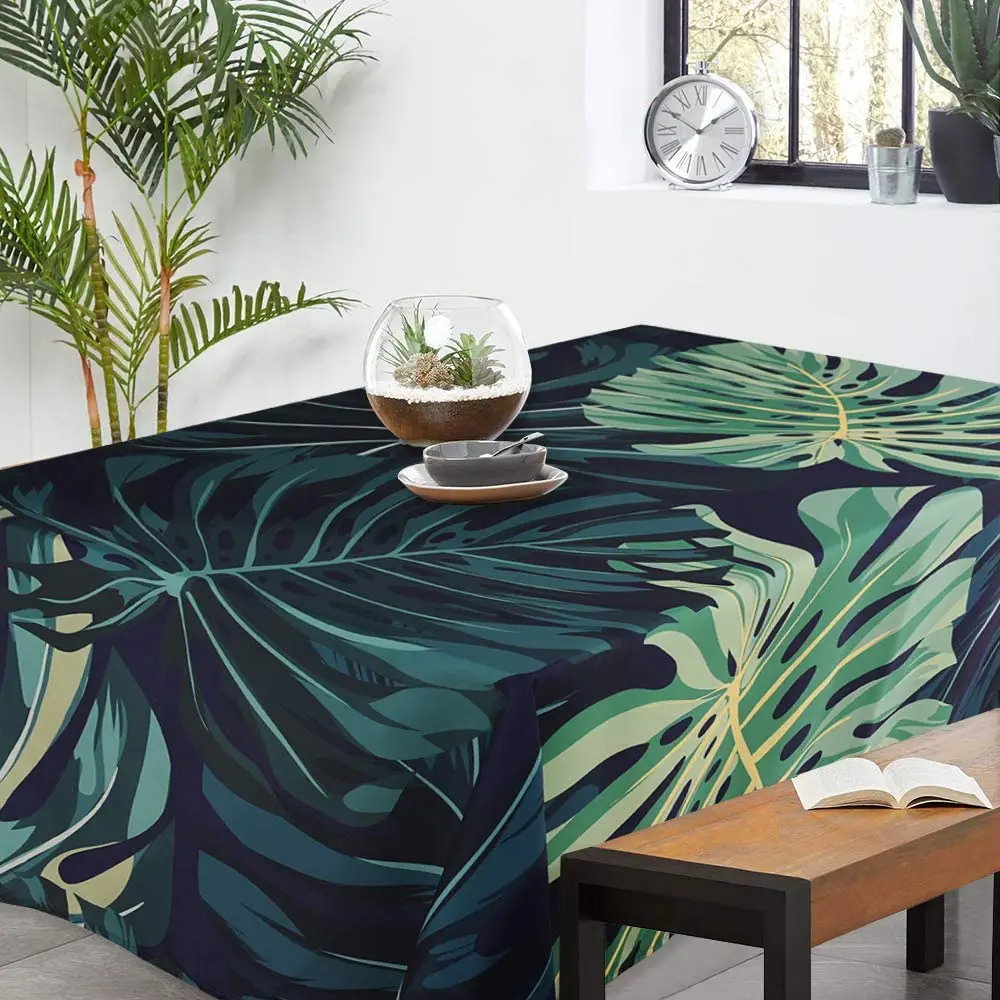 Spillproof Tablecloth for Rectangle Table Tropic Leaves Pattern Wrinkle-Free Stain Proof Washable Polyester Table Cover