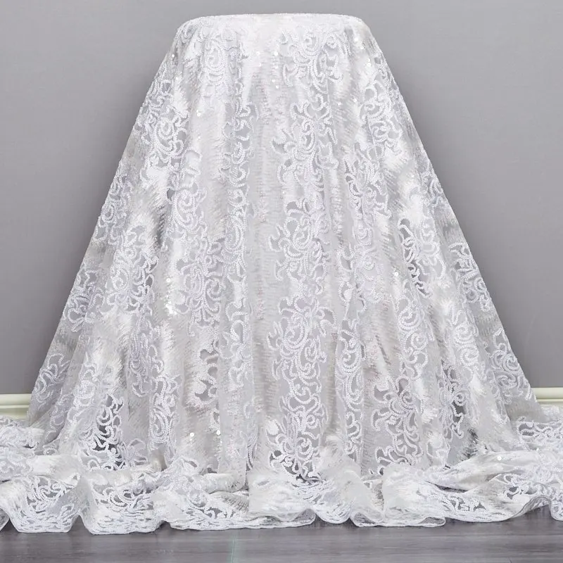 

Latest White Color Wedding Lace Fabric Mesh African Lace Fabric 2021 High Quality Lace Sequin French Net Lace Tulle Fabric S2614