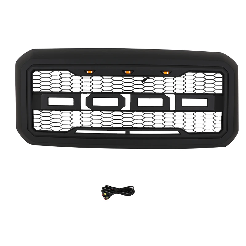 Racing Grill for Ford F-250/350 2011-2016 Car Front Bumper Mesh Grids Matt Black With 3 LED Amber Lights Raptor Style