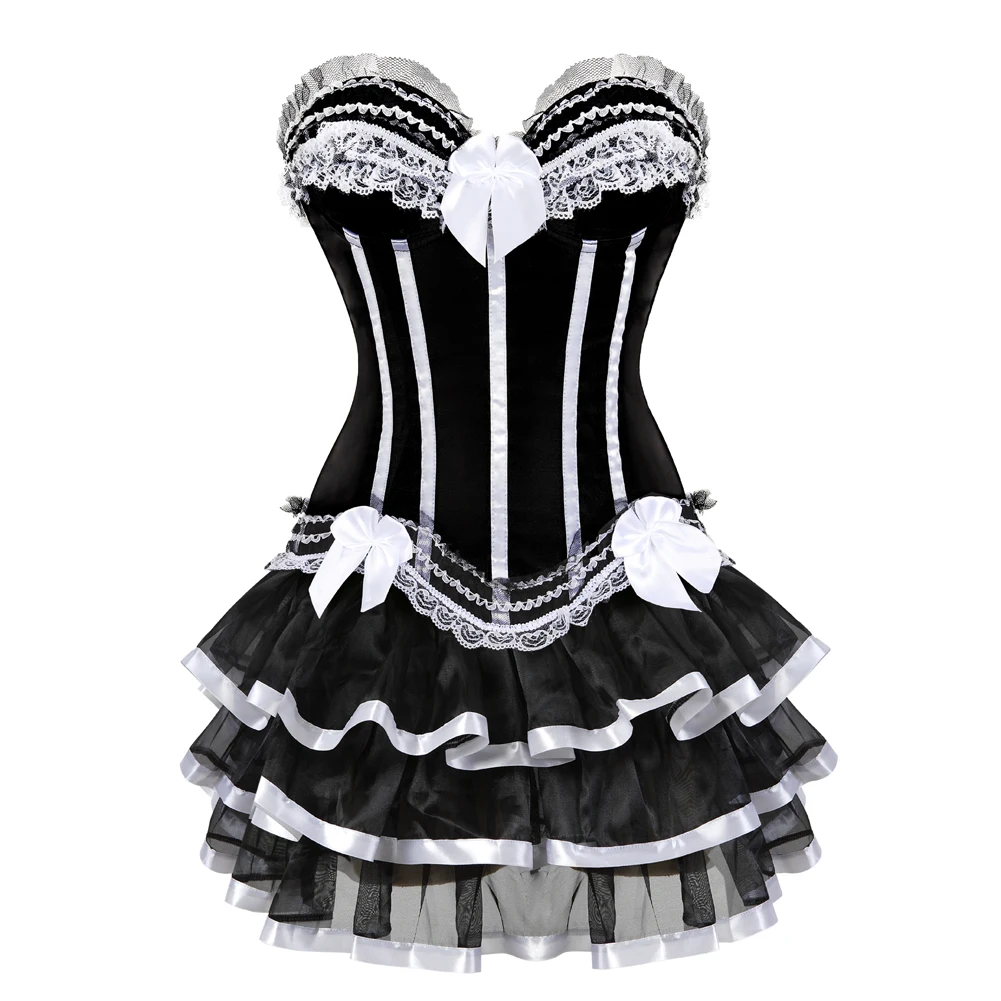 Princess Corset Dresses for Women Vintage Striped Corset Skirt Tutu Burlesque Costume Corset Dress Zipper Red Black White