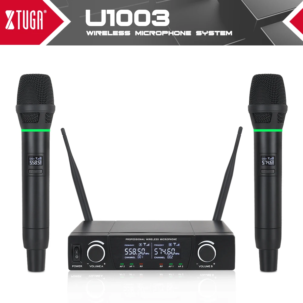 XTUGA Dual Channel Wireless Handheld Microphone up to 50m Receive,Super Cardioid UHF Microphone system for Karaoke,Party,Wedding
