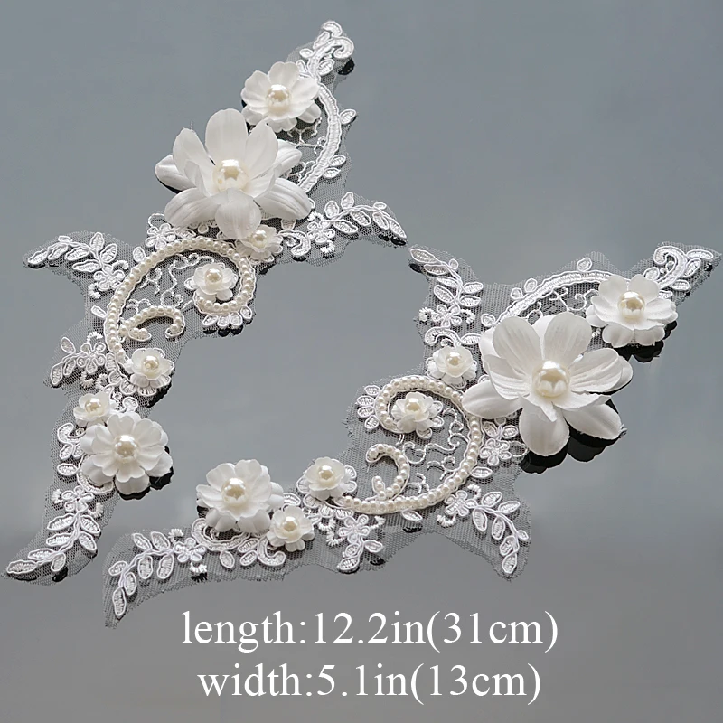 1 Pair Flower Motif Lace Applique Embroidery Crafts Guipure Sewing Pearl Trim Wedding