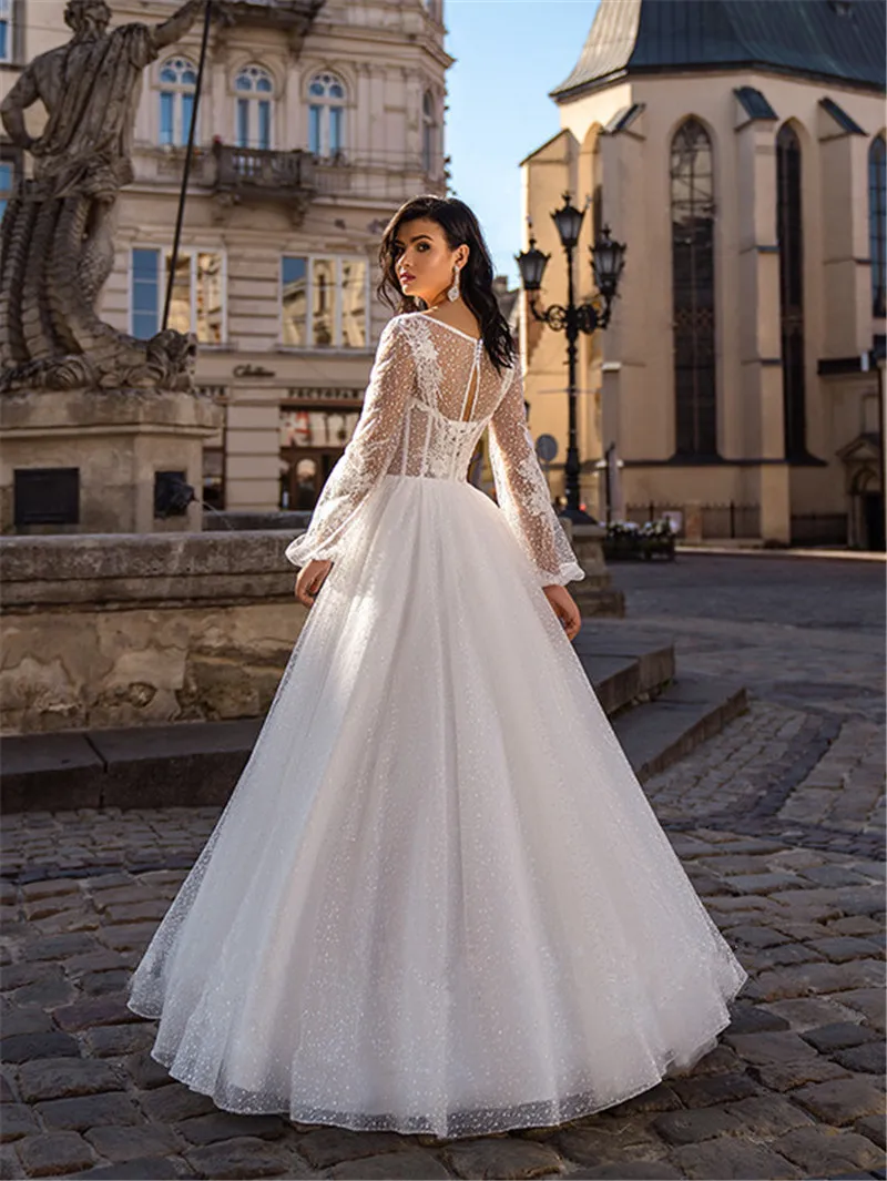 Sexy Transparent Langarm EINE Linie Hochzeit Kleid 2020 Romantische Riemen Hals Chiffon Pailletten Hochzeit Brautkleider Robe De Mariee