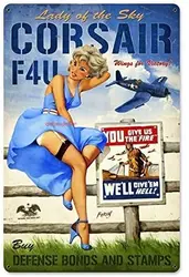 Maizeco Corsair F4U Pin Up Girl Metal Tin Signs 8 x 12 Inch for Bar Indoor Restaurants Room Tavern Plaque Poster Personalized