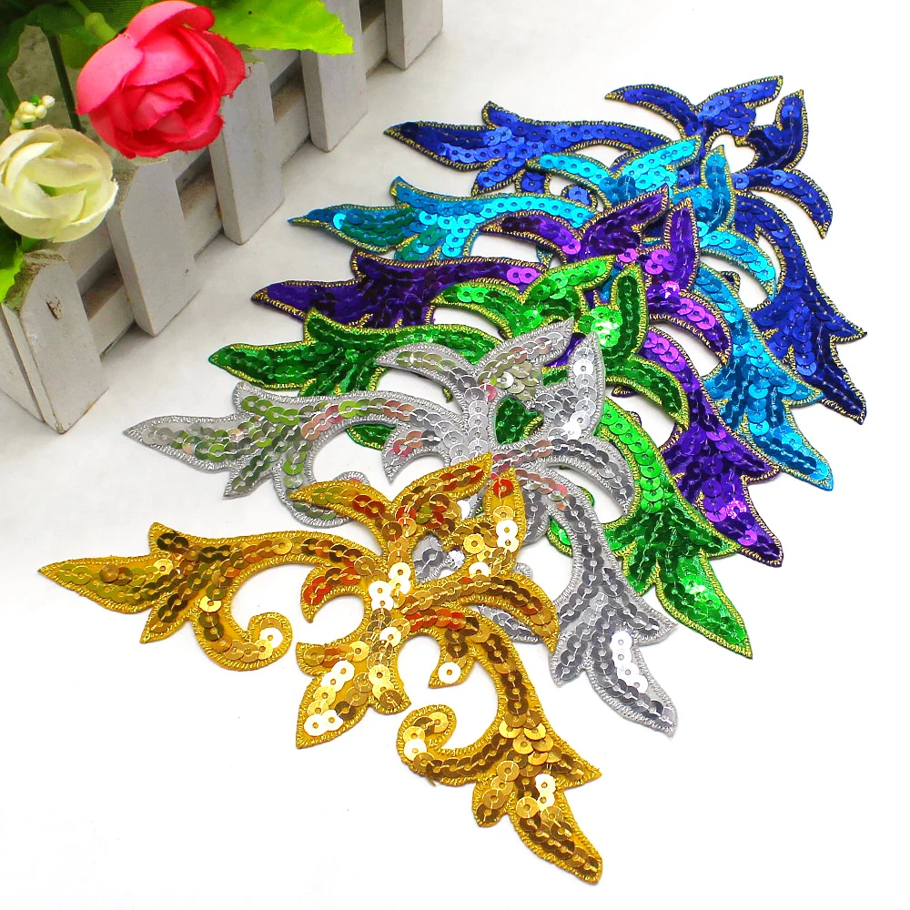 1 Piece Sequined Patches Iron on Cosplay Costumes For Dress Gold Embroidery Trims 16cm*9.5cm