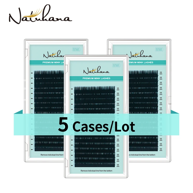 NATUHANA 5 Cases/Lot 16rows Eyelash Extension Premium Matte Black Individual Mink Natural Soft  False Lashes Makeup Cilios