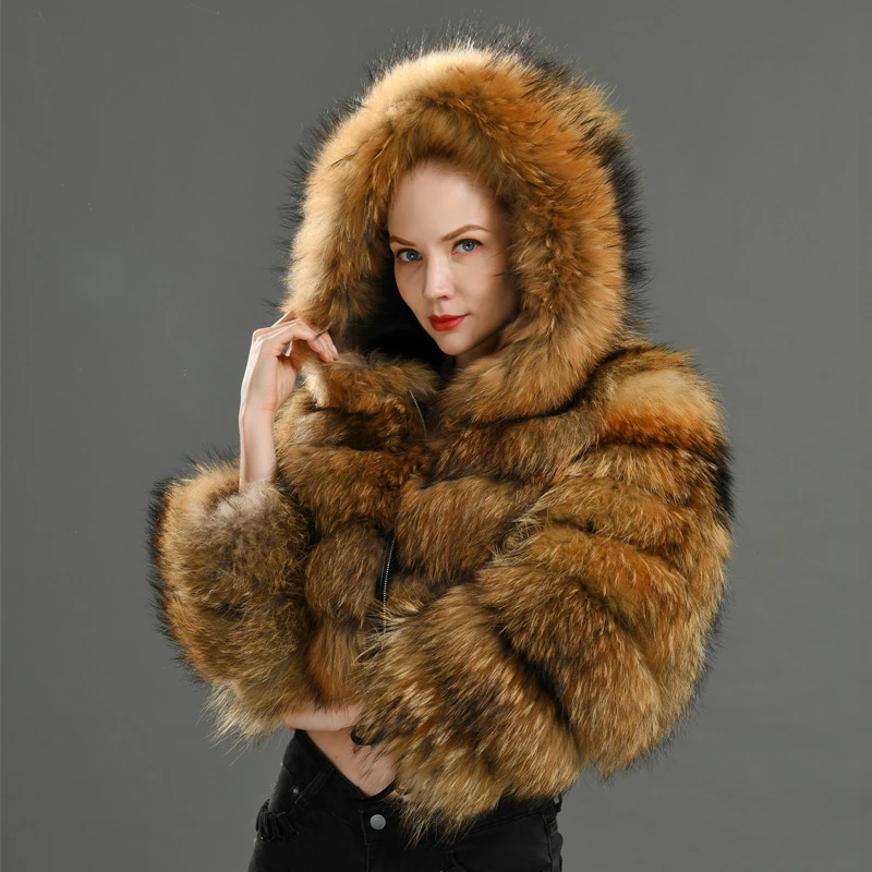 

Luxury Real Women Raccoon Fur Coats with Fur Hood Jacket Short Style Fashion Female Winter Thick Warm Genuine Fur Outerwear