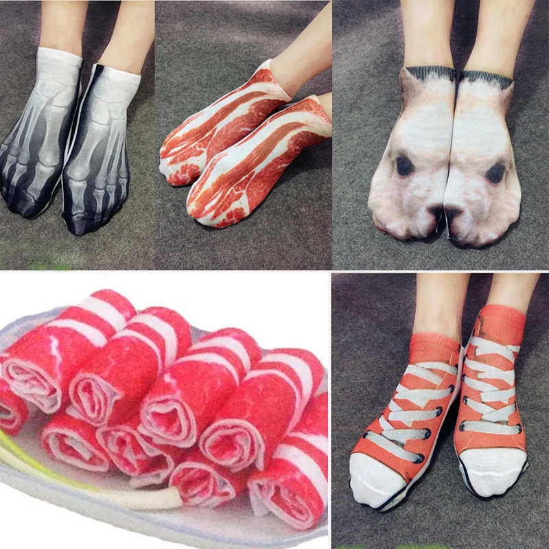 New 3D Funny low Cute Short Socks For Women Foot bones alpaca shoes Women  Streaky Pork Meat  Interesting Socks Breathable Soft