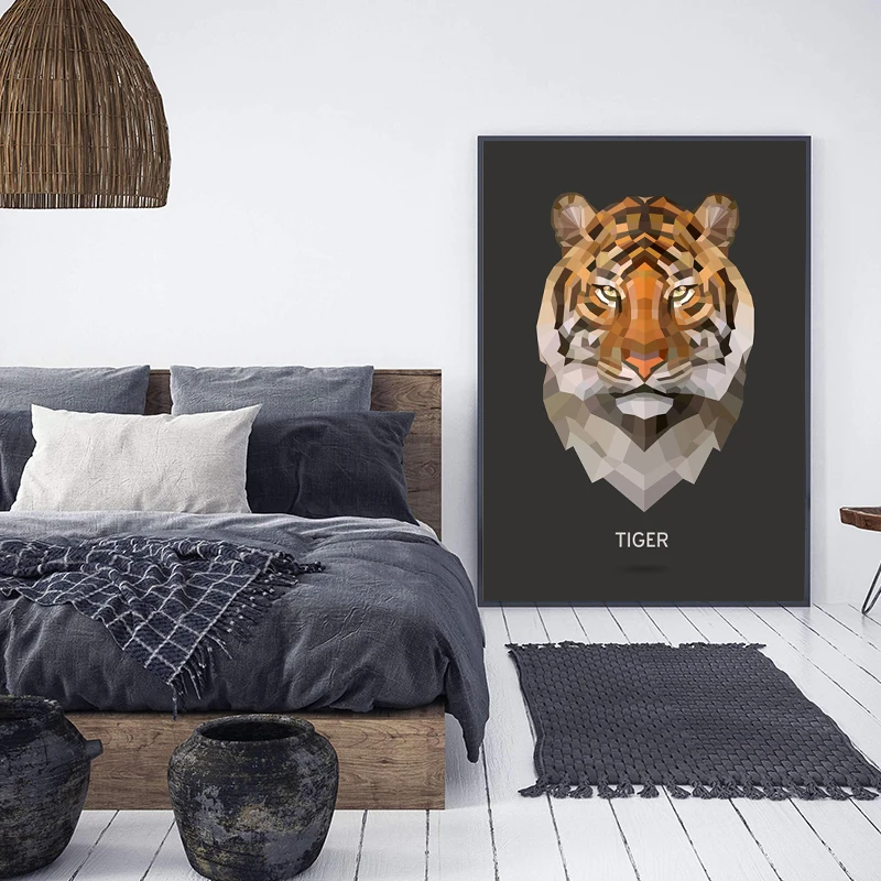 Geometric Tiger Posters and Prints Wall Art Polar Bear Zebra Baboon Buffalo Canvas Painting Wall Picture for Bedroom Decoration