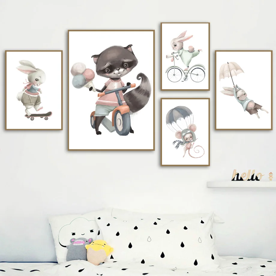 Cute Woodland Animals Bunny Deer Fox Bear Boy Vehicle Wall Art Print Canvas Painting Nordic Poster Wall Pictures Kids Room Decor