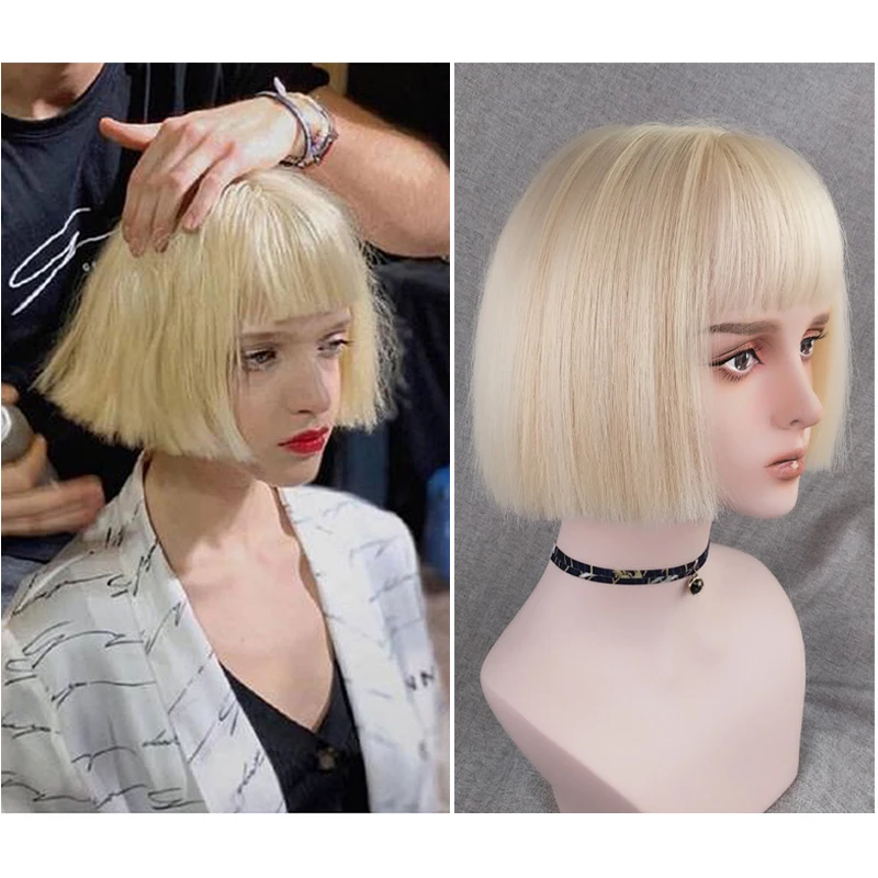 Blonde Short Bob Wig With Bangs for Women Heat Resistant Synthetic Wigs Cosplay Party Lolita Bob Hairstyles Silver Green