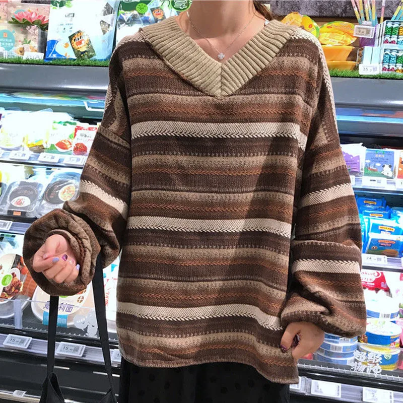 Knitted Sweaters Women Casual V Neck Stripe Pullover Sweater Autumn-winter Retro Jumper Harajuku Oversized Loose Sweater