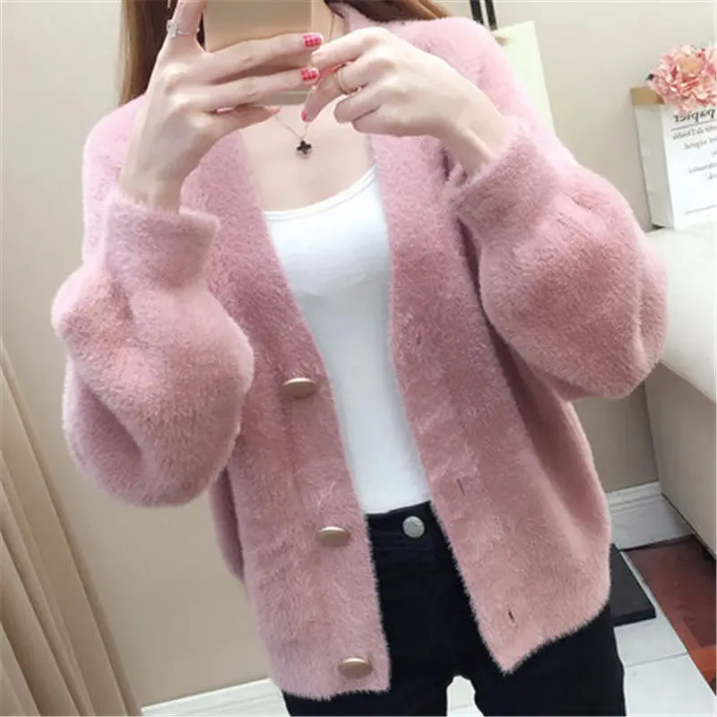 Women Mink Fleece Knitted Cardigan Jacket Pink 2026 Spring And Autumn New Korean Sweater Femme Short Loose White Jacket Female
