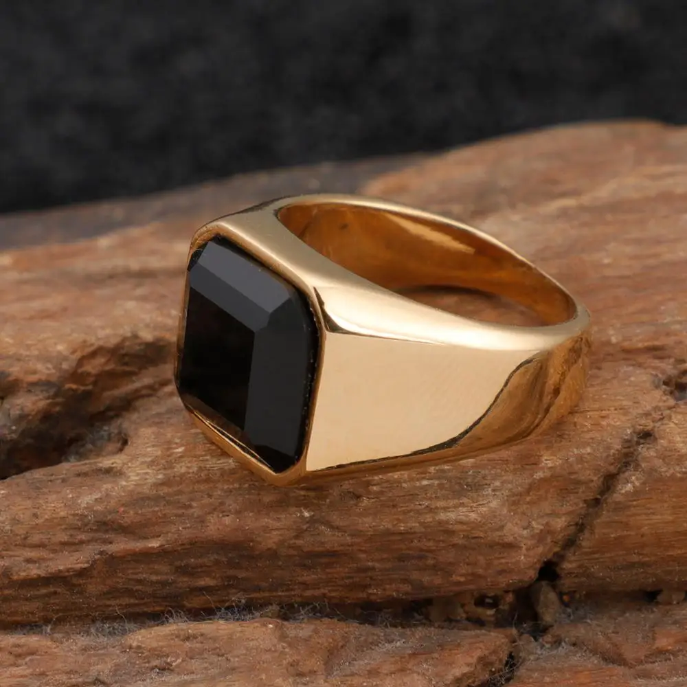 Fongten Curb Square Black Stone Ring Gold Silver Color Stainless Steel Big Punk Polished Finger Rings Couple Lover Wedding Rings