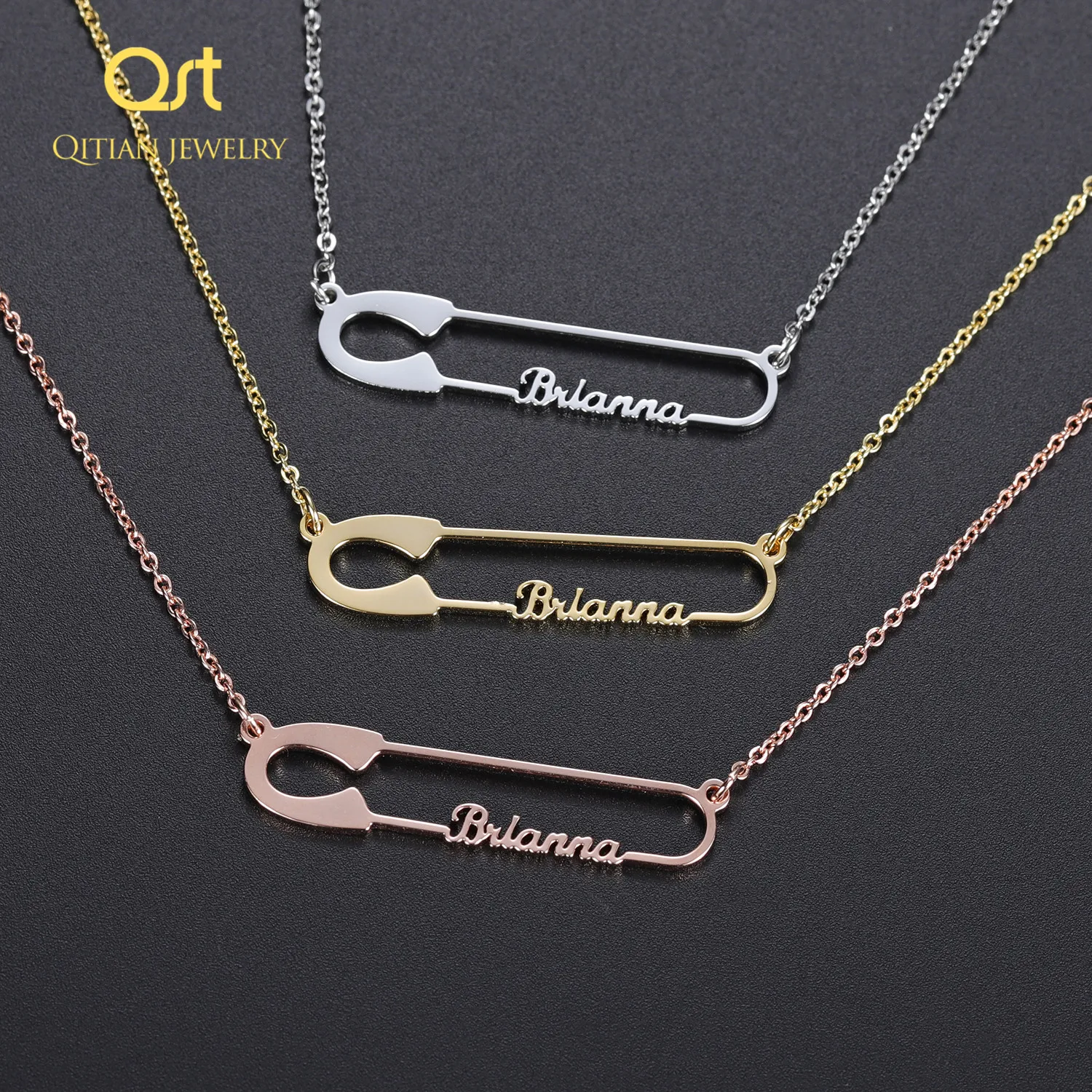 

Personalized Letter & Safety Pin Charm Necklace&Pendant Stainless Steel Custom Nameplate Necklaces for Women Christmas Gifts