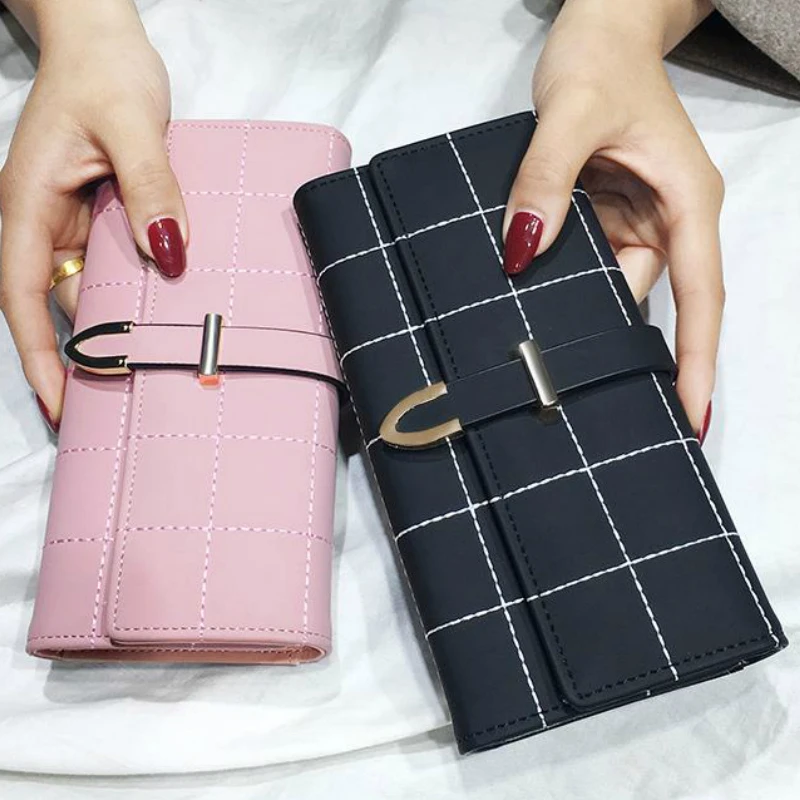 Wallets Women Plaid Foldable Simple Long Purse Elegant Chic Korean Style Fashion Kawaii All-match Money Bag Students Carteira