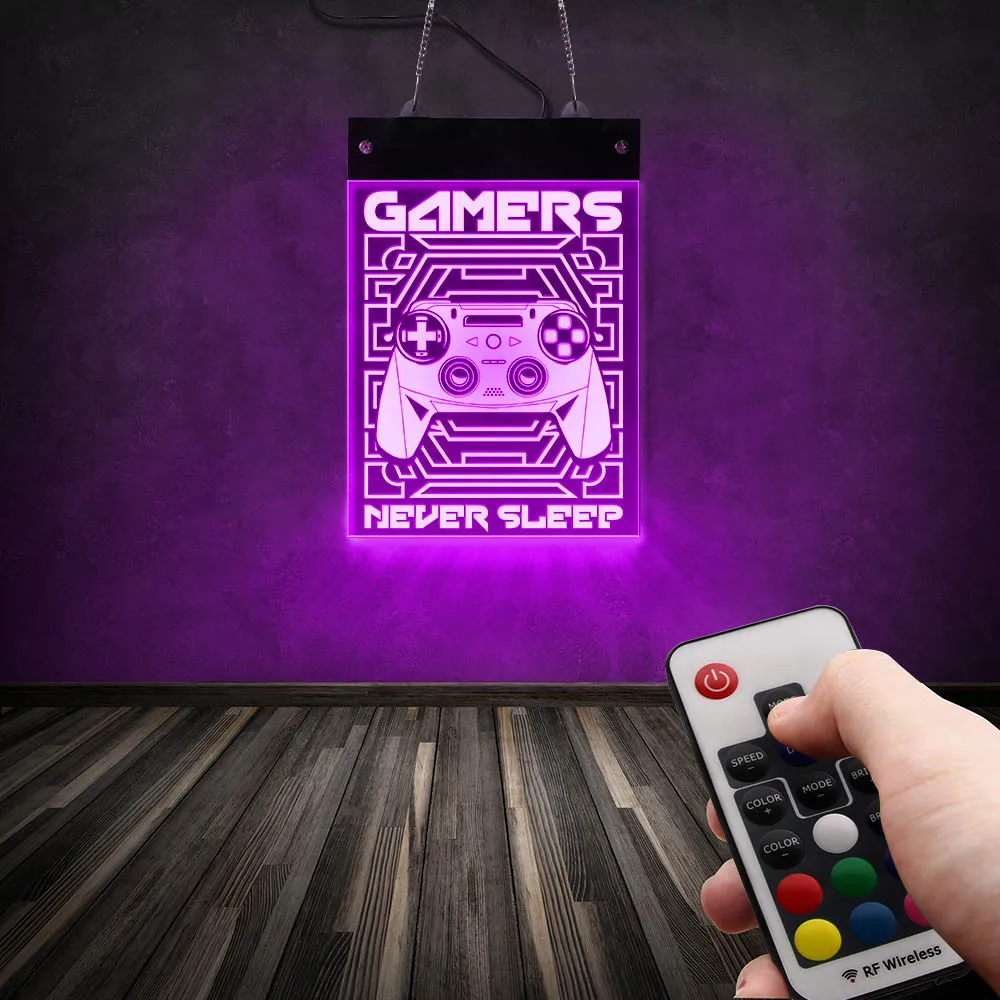 Gamers Never Sleep Gaming Electronic Lighted Neon Sign Playroom Joystick Video Games LED Luminous Display Hanging Wall Lights