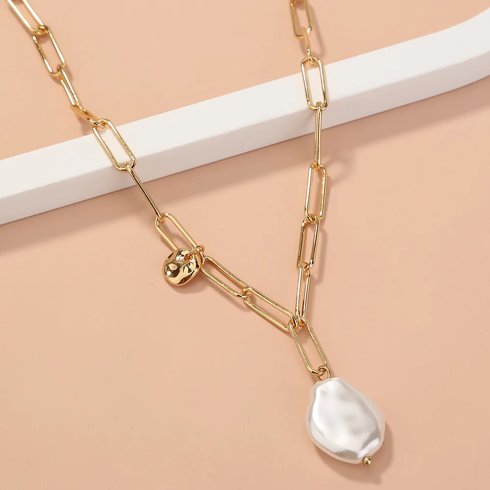 Quality Punk Simulated Pearl Pendant Necklaces for Women Shine Link Chain Necklace Lasso Lariat Curb Cuban Collars Jewelry