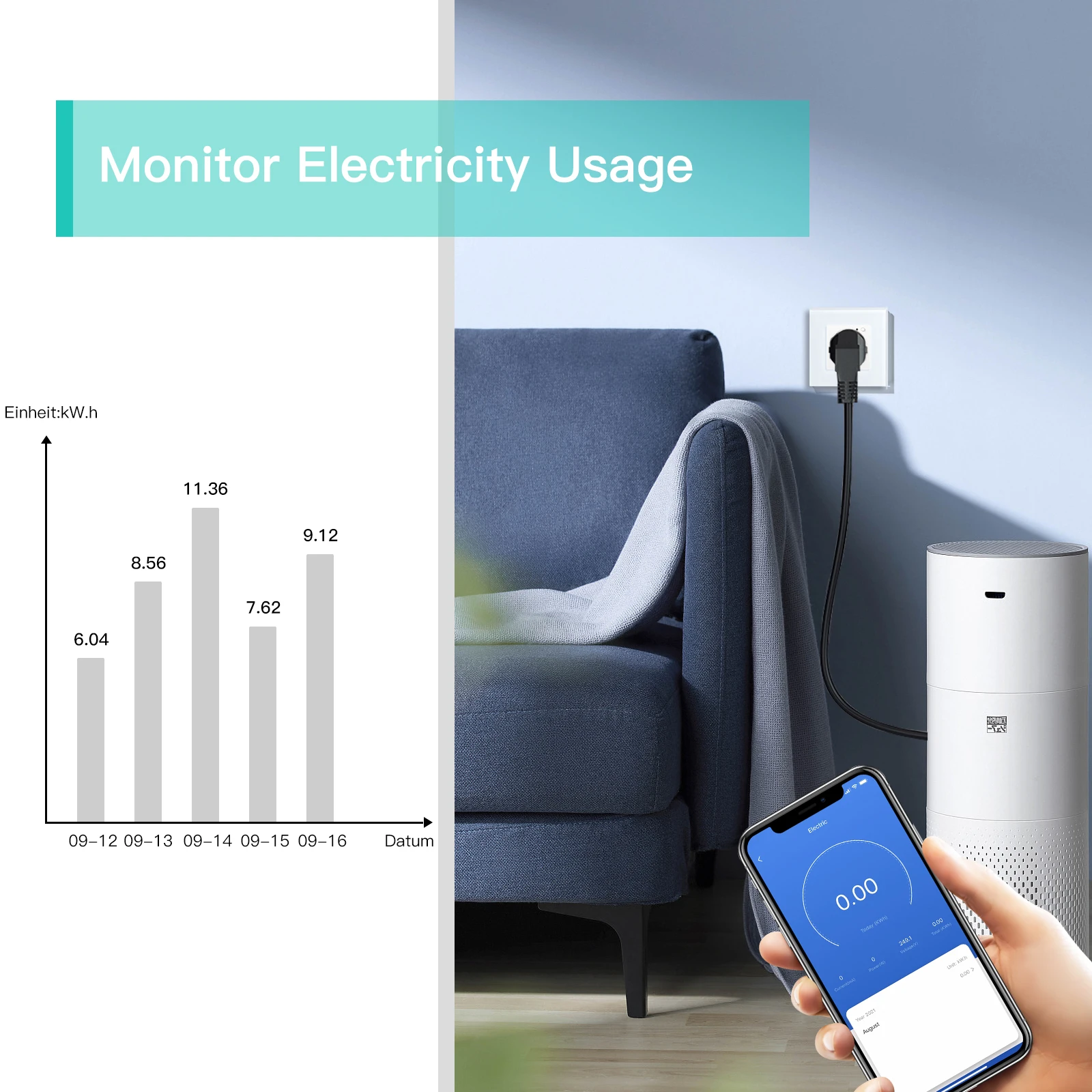 Bseed EU Russia Standard Wifi Power Monitor Wall Socket Smart Plug Tuya Google Home Alexa Timer Function