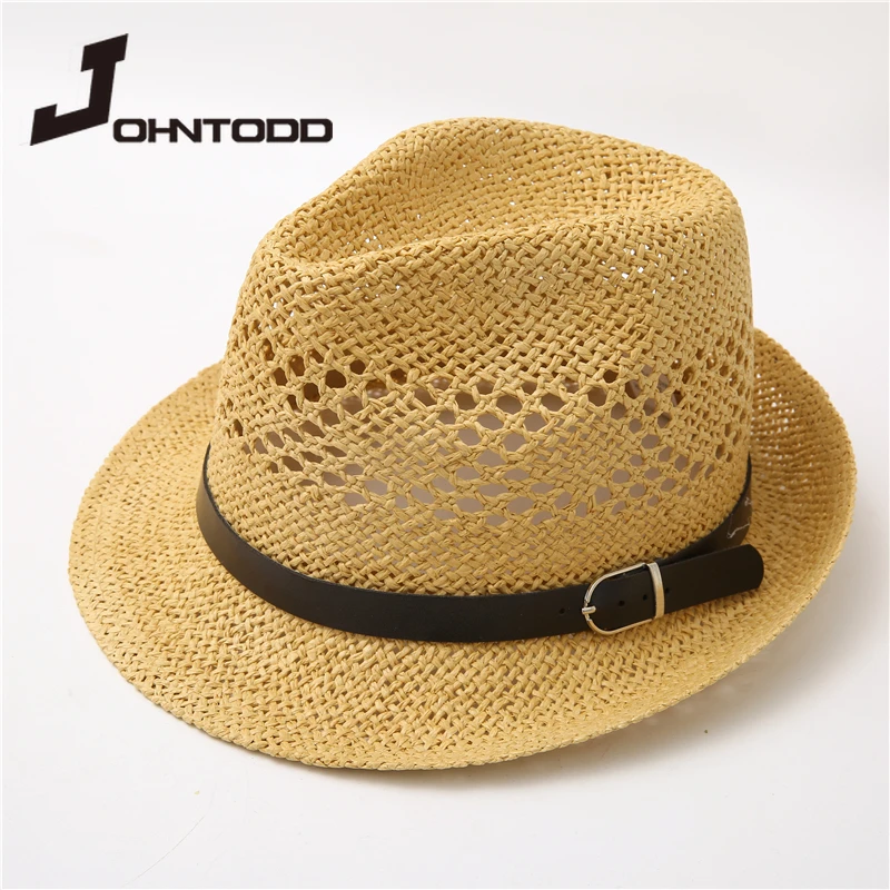 

2021 New Summer Women Men Natural Panama Straw Jazz Hat with Black Belt Wide Brim Beach Holiday Sun Cap UV Protection Fedora Hat