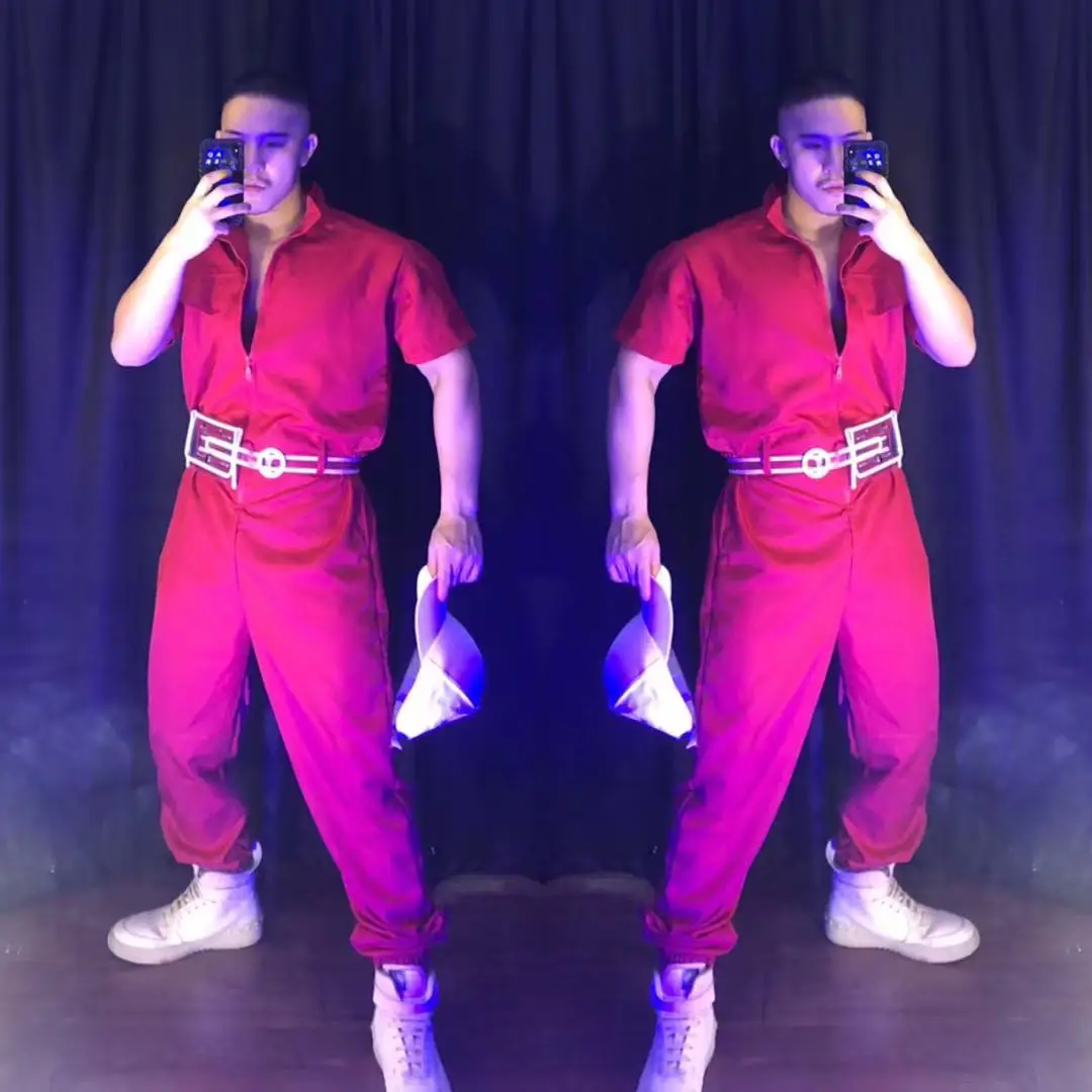 Homens hip hop dança de rua macacão traje vermelho solto manga curta macacão bar boate dj cantor dançarino gogo desempenho roupas