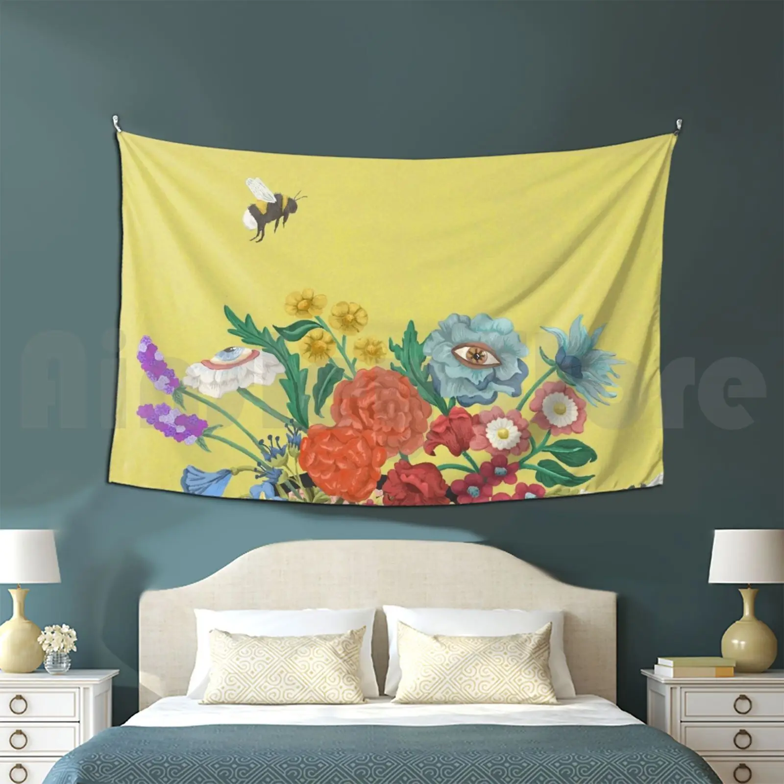 Flourishing Yellow Tapestry Living Room Bedroom Wildflowers Roses Surreal Bumblebee Nature Silhouette