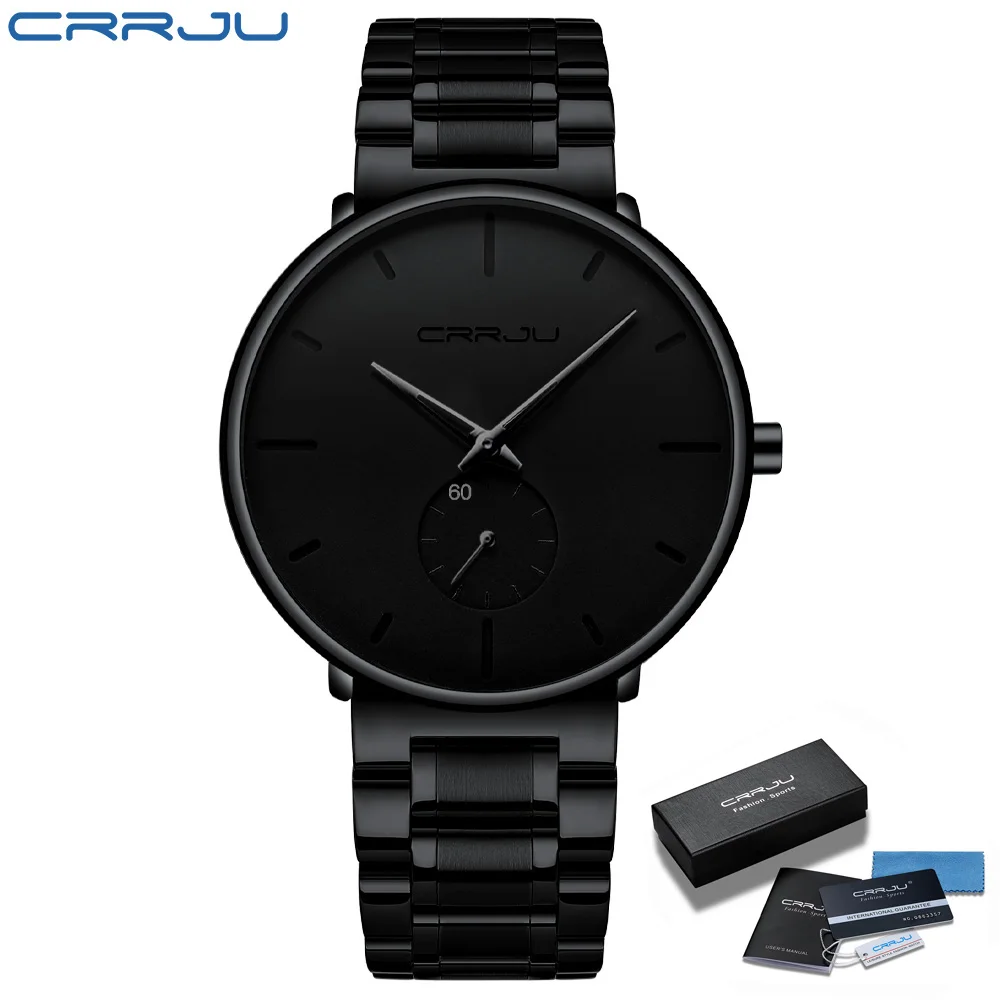 Watches for Men CRRJU Men\'s Fashion Black Stainless Steel Wrist Watch Waterproof Business Dress Watch for Men Relogio Masculino