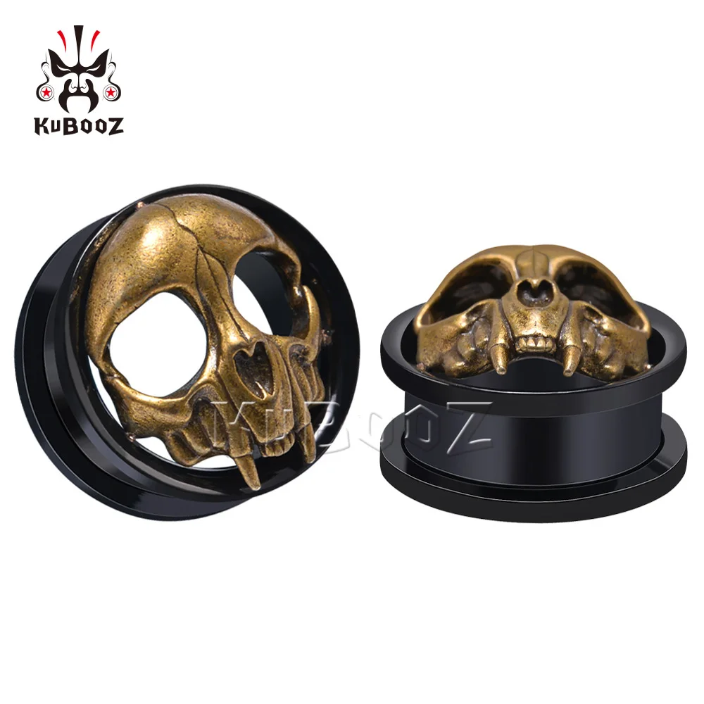 KUBOOZ Trendy Stainless Steel Skull Ear Tunnels Expanders Body Jewelry Piercing Earring Gauges Stretchers 2PCS