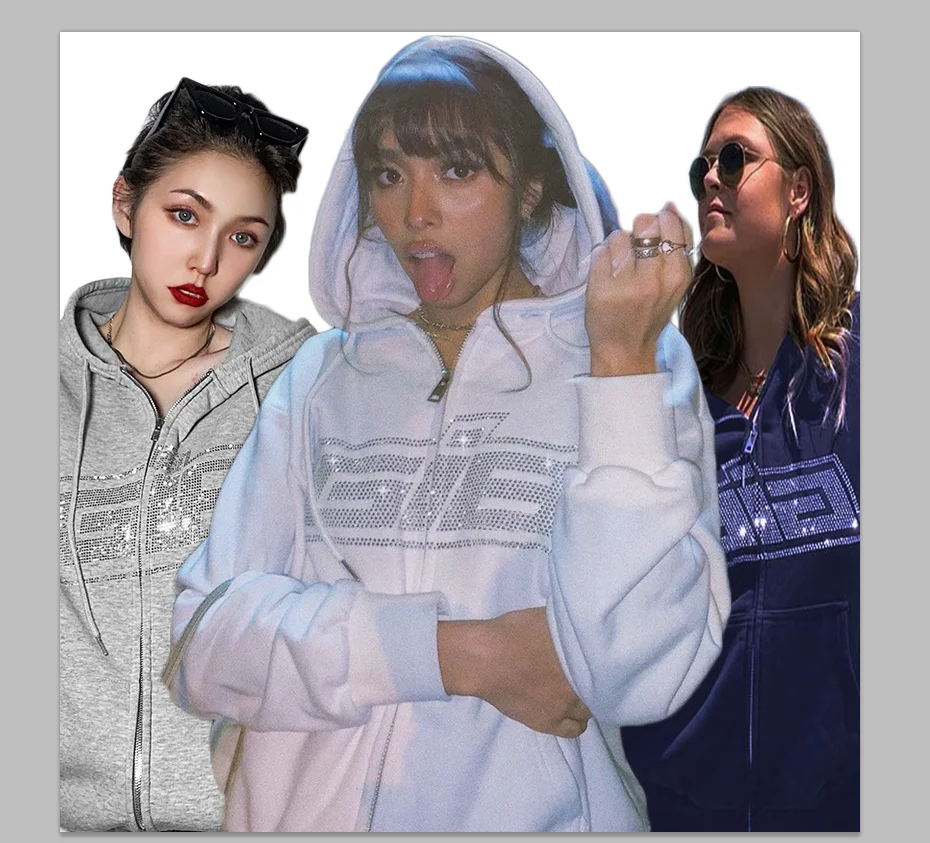 

Y2K Fashion Rhinestone Zipper Oversized Hoodies E-girl Vintage Solid Letter Long Sleeve Black Sweatshirts Autumn Outfits Tops