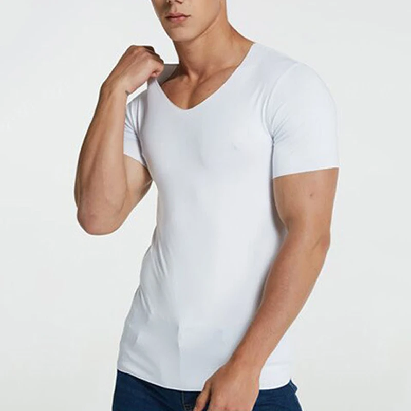 Men\'s Summer T-Shirt Short Sleeve Cool Quick Dry Breathable Ice Silk Seamless Tops Casual Solid Color Elastic Tee Shirts M-5XL