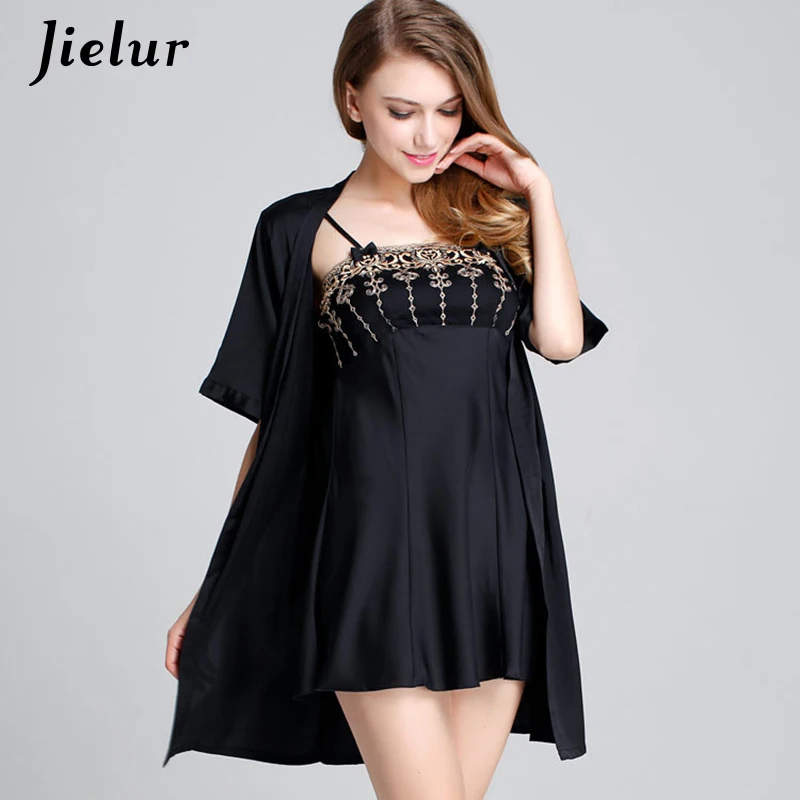 Jielur Silk Satin Gown Sets Vintage Women Robe Lace Patchwork Bathrobe Sexy Sleepwear Robe Set Sweet Night Shirts M-XL