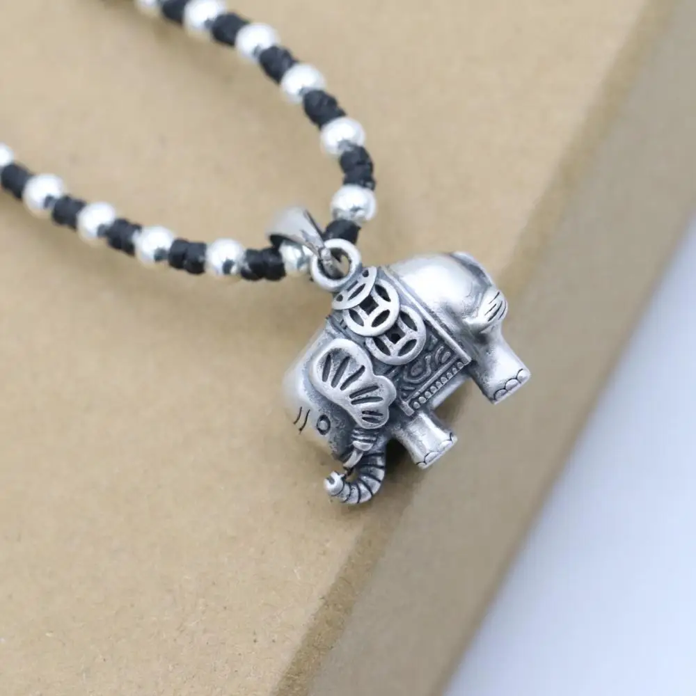 Thai hand-woven wax rope clavicle chain 925 sterling silver necklace female round bead silver beads baby elephant transfer beads