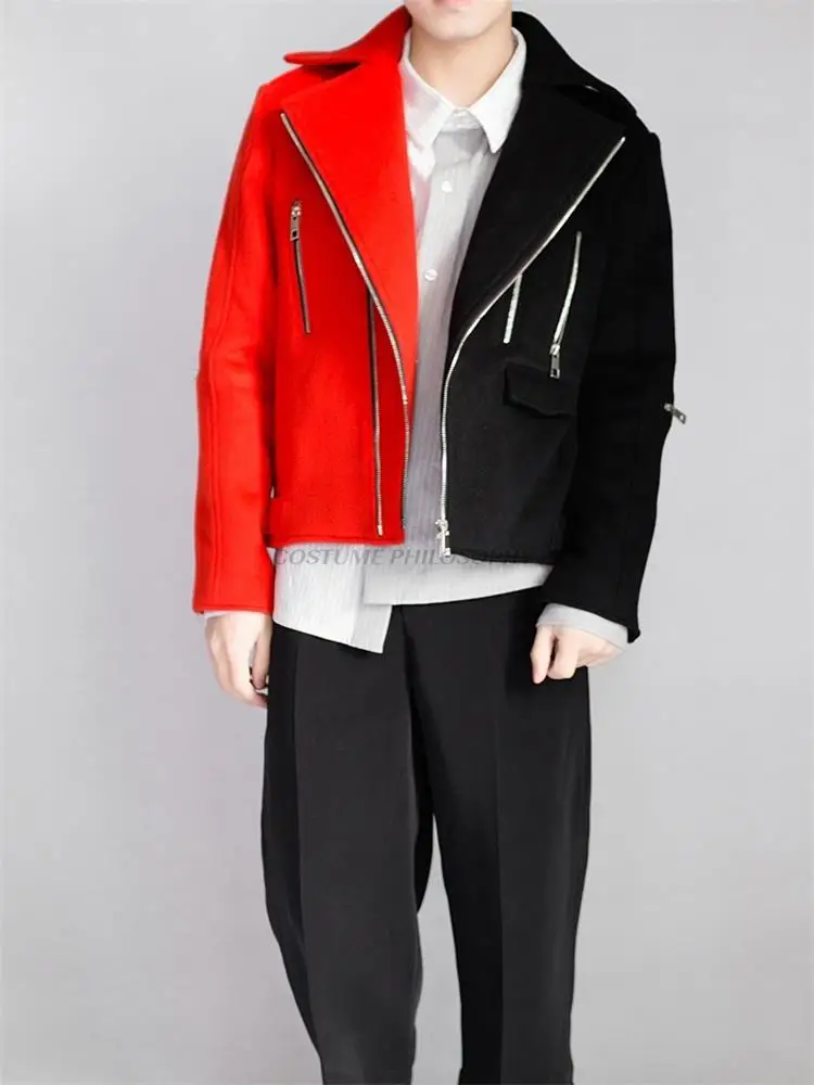 

Men's jacket thick autumn and winter red and black stitching slim fit classic zipper stitching