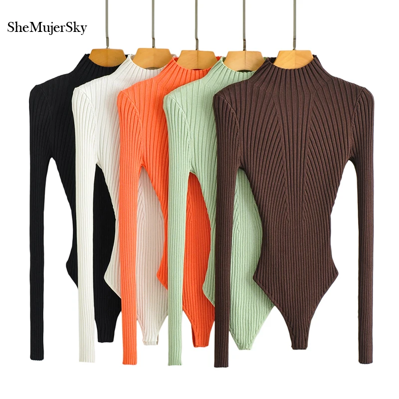 SheMujerSky Women Sexy High Split Knitted Elastic Slim Bodysuit 2022 Spring Autumn Turtleneck Jumpsuits Solid Color Tops