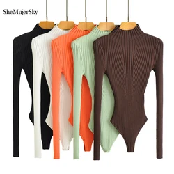 SheMujerSky Women Sexy High Split Knitted Elastic Slim Bodysuit Spring Autumn Turtleneck Jumpsuits Solid Color Tops