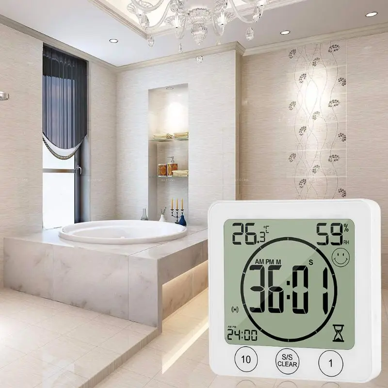 LCD Bathroom Wall Clock Temperature Humidity Countdown Waterproof Shower Timer 77UD