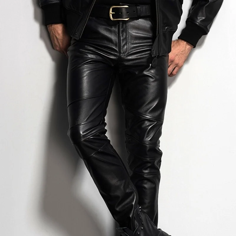 Leather Genuine Cow Mens New Straight Pants Motorcycle Biker Pants Male Fashion Top Quality Brand Trousers Slim Big Size 36