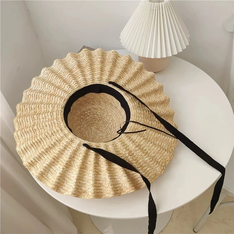 2020 New Large Brim Ribbon Straw Hat Summer Hats For Women Ribbon Beach Cap Beach hat Dome Top Sun Hat Holiday Elegant cap