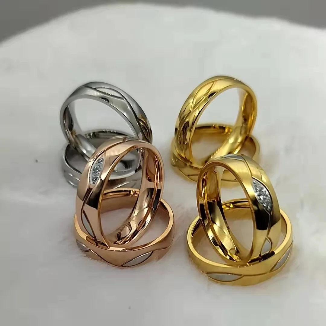 Vintage Europe Style Two Tone Golden 316L Stainless Steel Wedding Rings with Cubic Zirconias for Women and Men fashion jewelry