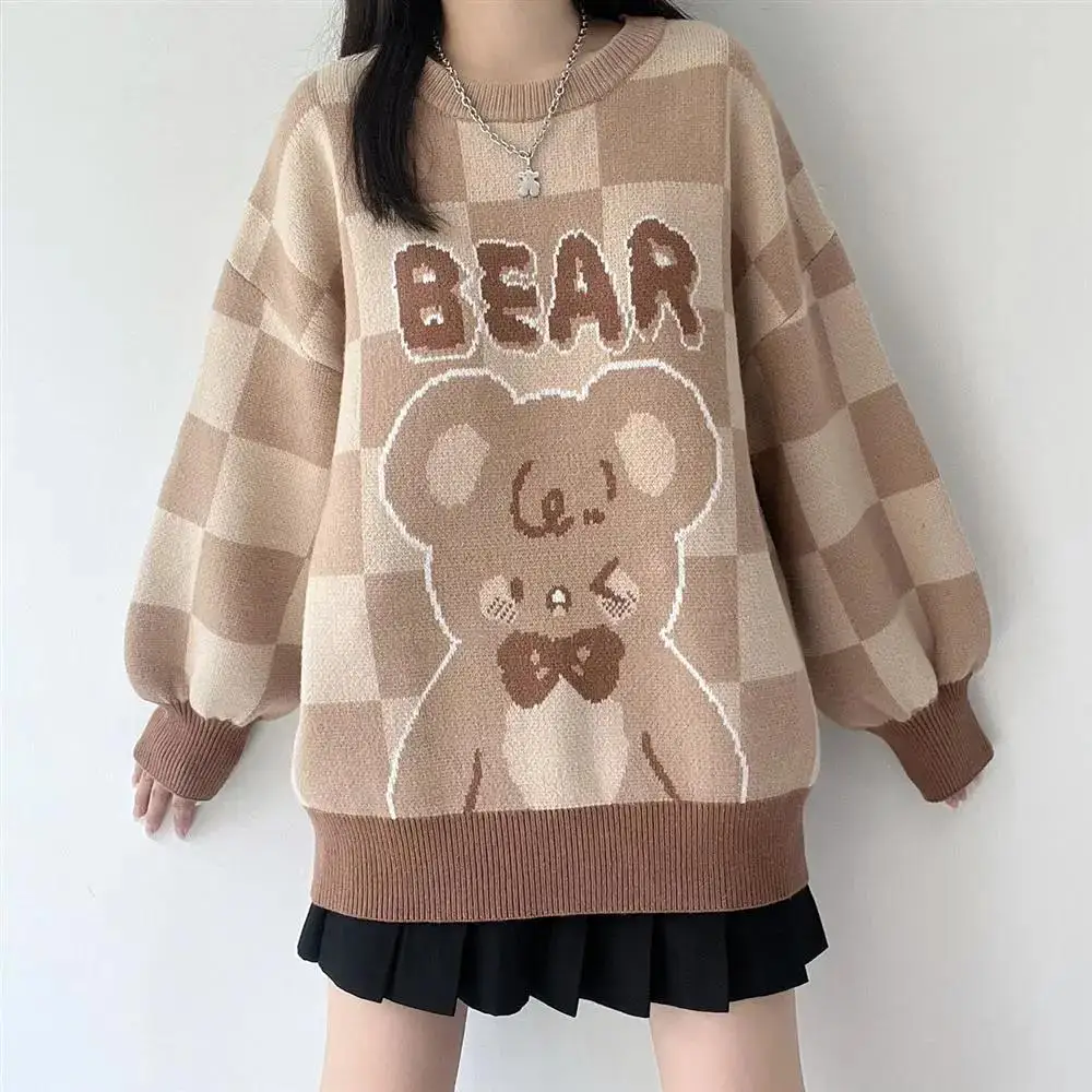 Vintage Light Brown Plaid Bear Cartoon Woman Sweaters Japan Kawaii Winter Tops Harajuku Fashion Teens Clothes Knitted Pullovers