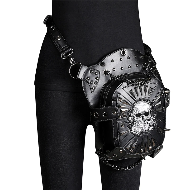 Women Skull Messenger Shoulder Bags Leather Waist Leg Drop Bag Punk Rock Motorcycle Hip Belt Bags Male Purse Pouch Waist Pack