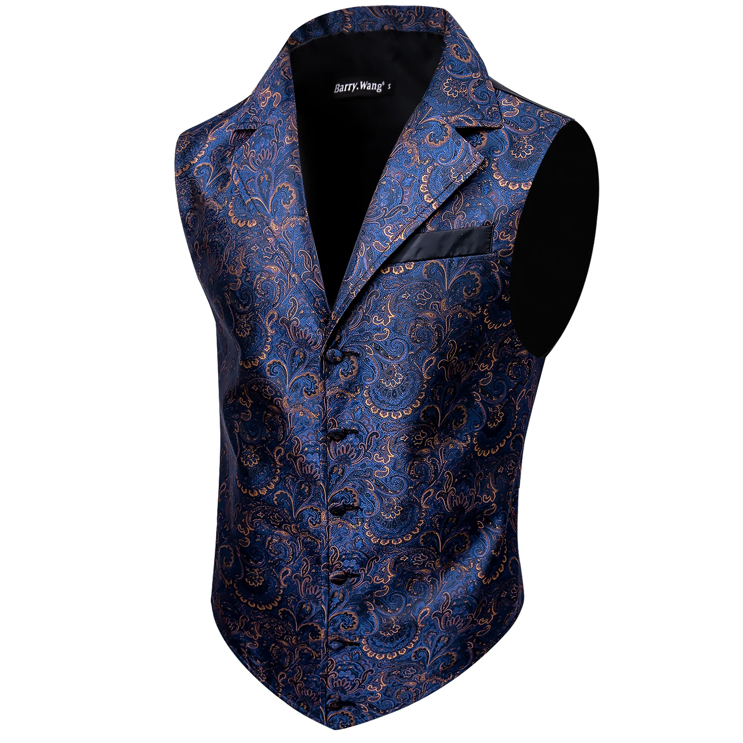 Barry.Wang Blue Paisley Herringbone Vest Coat Men Silk Suit Vest Single-Breasted Notched Lapel Waistcoat MD-2101