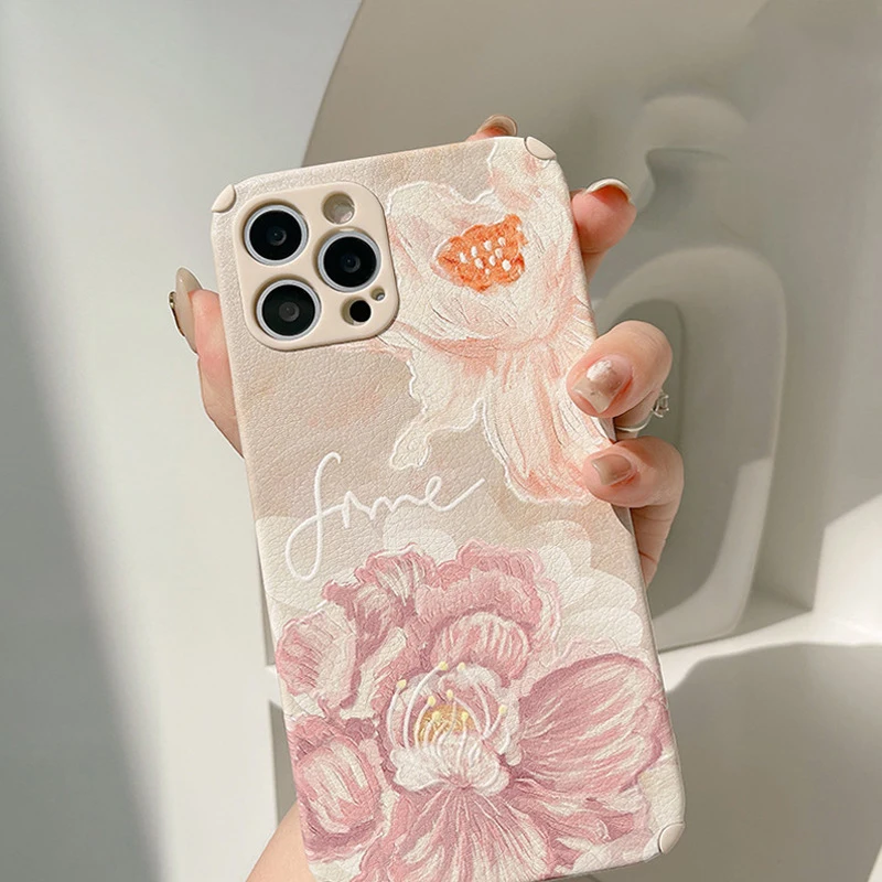 Retro big flower soft silicone 3d leather phone case for iphone 13 11 14 pro max 12 mini 7 8 plus x xr xs max cute conque shell