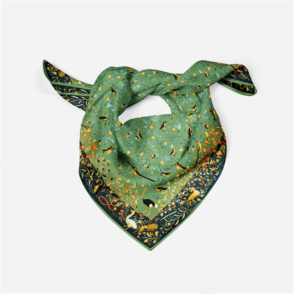 Twill Silk Scarf Woman Floral Bird Painting Square Scarves Wraps Bandana Small Hijab Silk Foulards Tie Headband Neckerchief 53CM