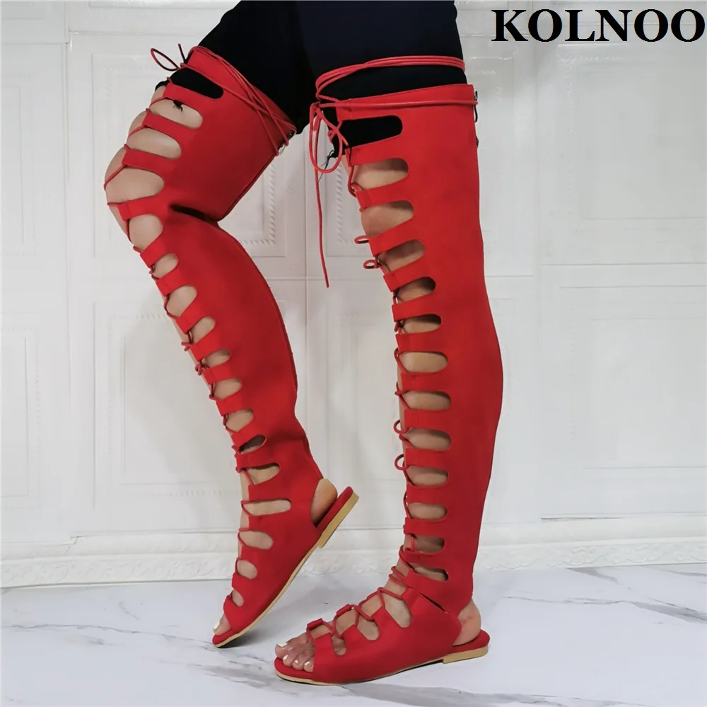 

Kolnoo New Handmade Thigh-High Flat Sandals Cross Shoelace Slingback Red Faux Leather Party Shoes Evening Club Fashion Shoes