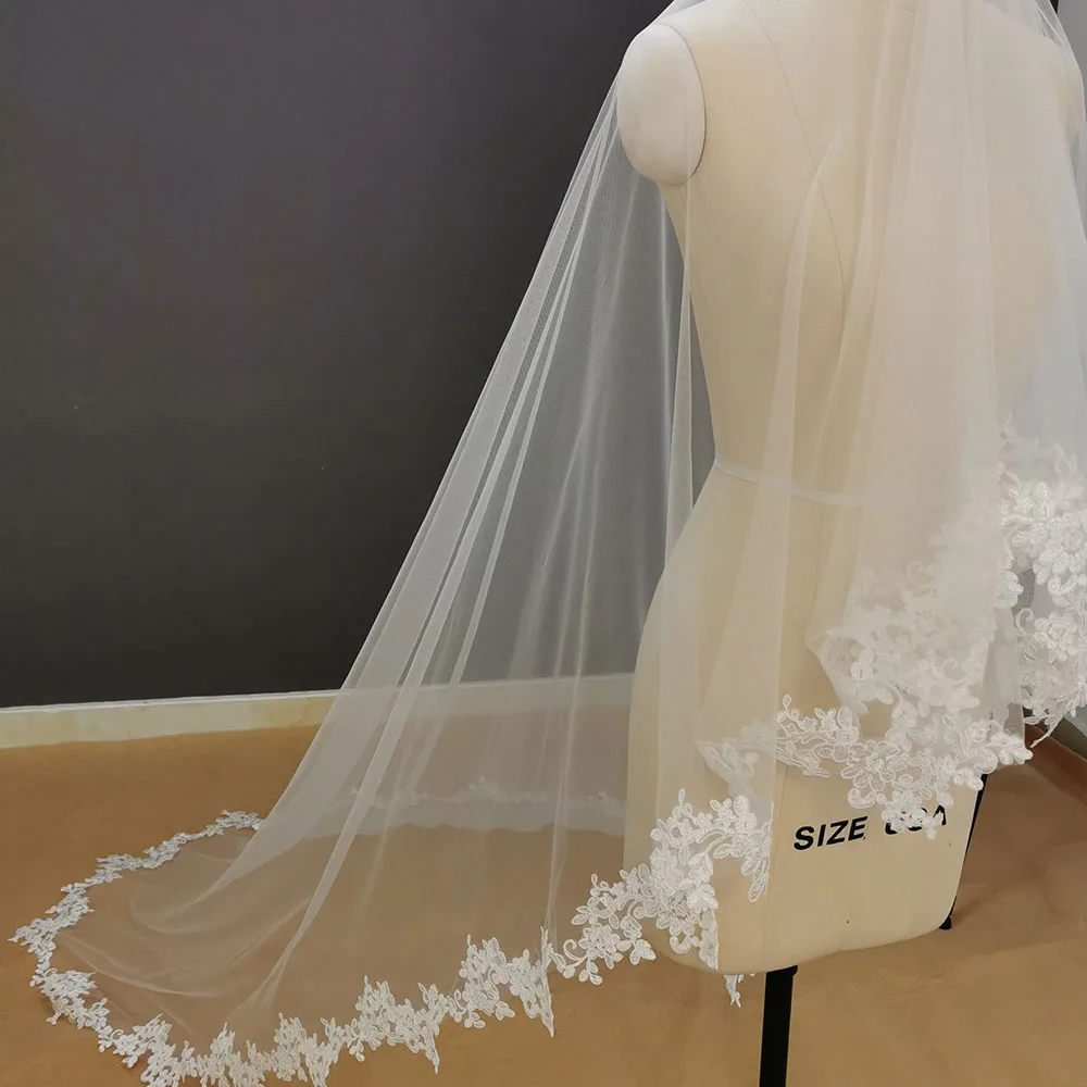 Real Photos 3.5 Meters Long Lace Wedding Veil WITHOUT Comb Soft Tulle White Ivory Bridal Veil Mantilla Veil Wedding Headpieces