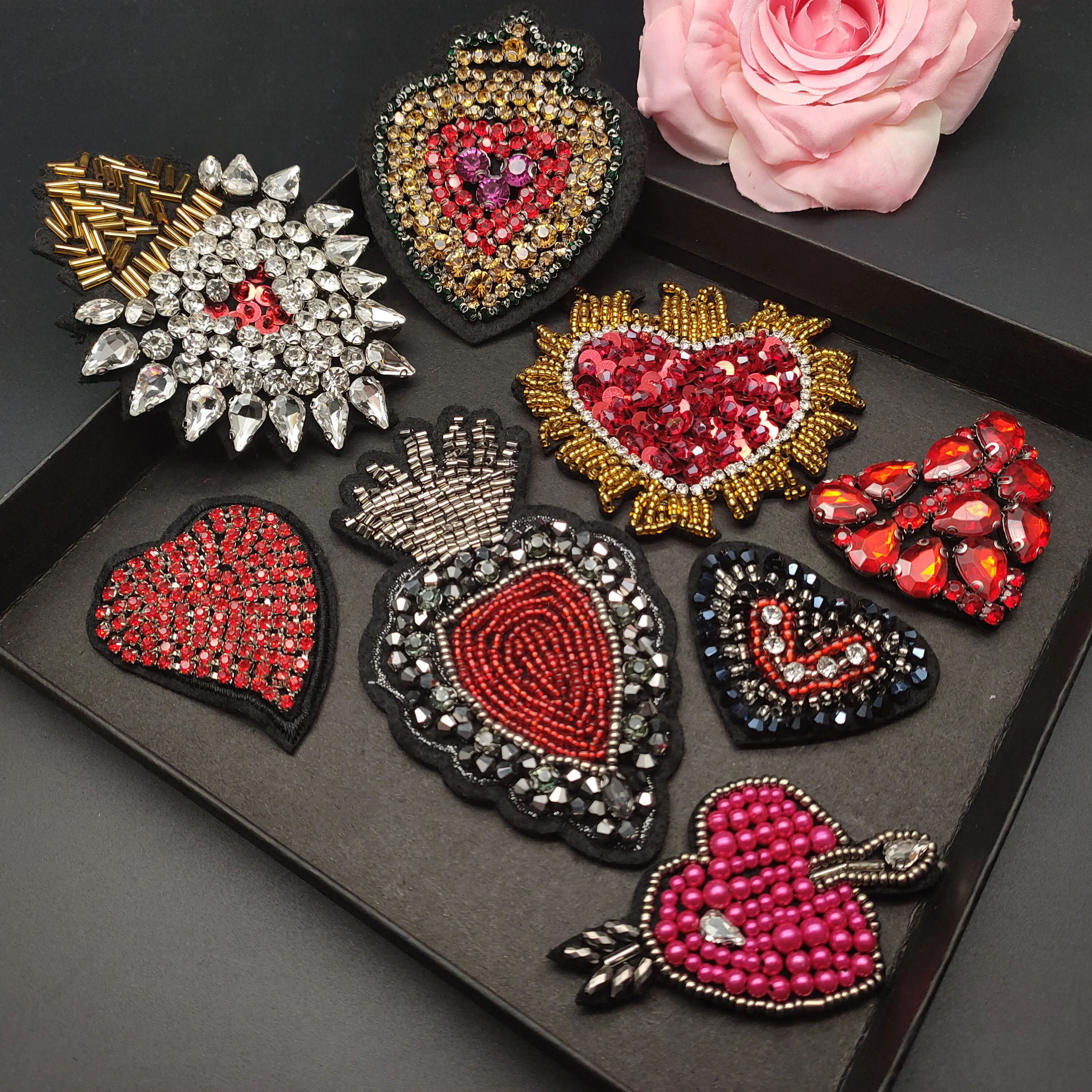 3D Handmade Rhinestone Beaded Patches Heart Sew on Crystal Patch beading Applique Cute Patch Love Medals