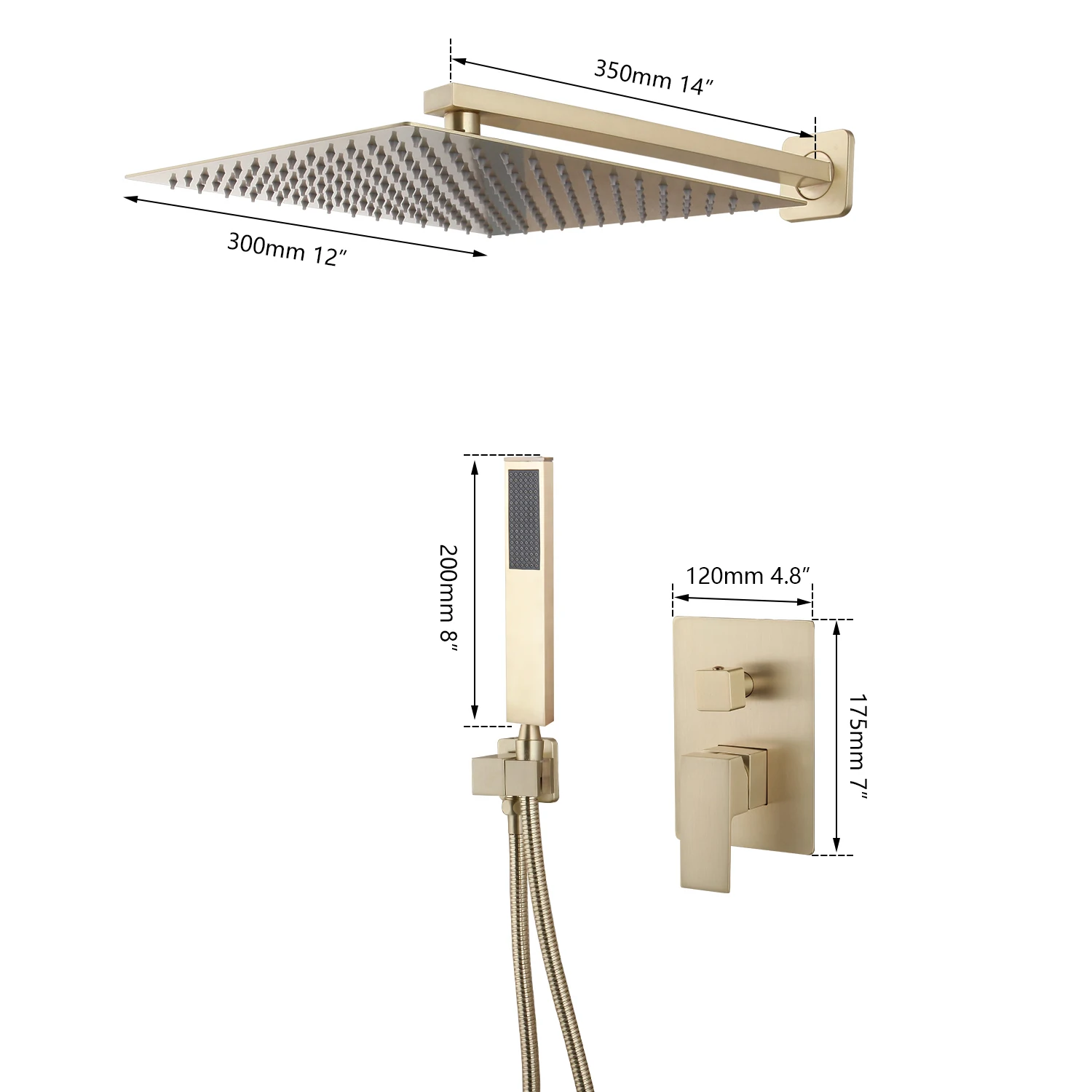 KEMAIDI Brush Golden 12 Inch Shower Faucet Set Wall Mounted Rainfall Shower Systerm W/ Hand Shower Mixer Faucet Tap