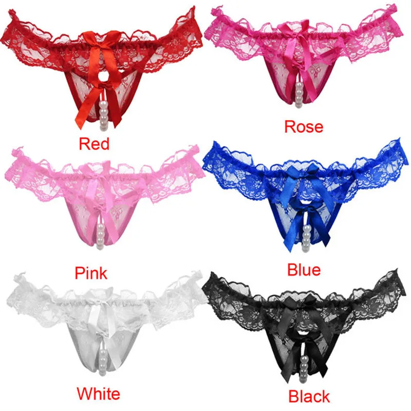 Sexy Crotchless Underwear Faux Pearl Women\'s G-String Thongs Briefs Panties Hot Erotic Women Lingerie String Lace Bowknot