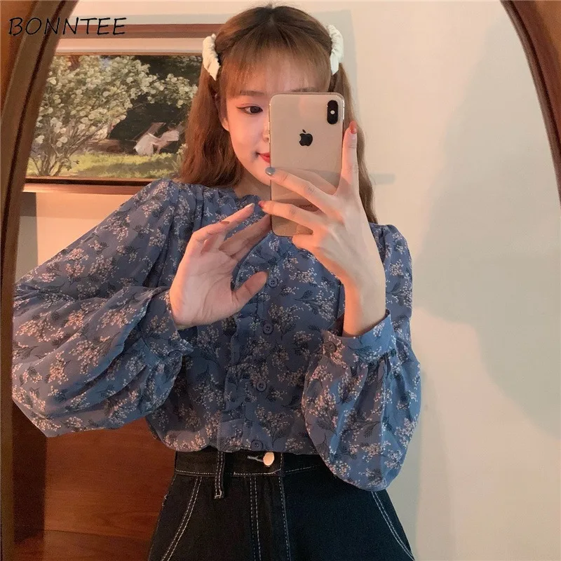 

Floral Shirts Women Korean Style Girlish Long Sleeve V-neck Daily Summer All-match Students Lady Tender Fashion Casual Female